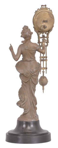 German, Junghans "Diana" figural 8 day, cast metal swinging arm novelty time-only mantel clock.
