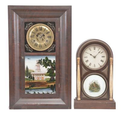 Clocks- 2 (Two): (1) Chauncey Jerome, Bristol, Conn., ogee shelf clock, 30 hour, time and strike, weight driven movement in a rosewood veneered case with brass dial and reverse painted glass tablets, c1840; (2) Seth Thomas Clock Co., Thomaston, Conn., "Chicago" city series mantel clock, 8 day, time and strike, spring driven movement in a rosewood veneered case, c1891.
