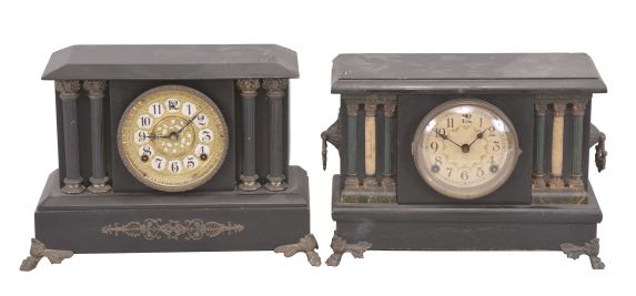 Clocks- 4 (Four): (1) Wm. L. Gilbert, "Palisade" mantel clock, 8 day, time and strike, spring driven movement in a black enameled case, c1904; (2) Unmarked, but Sessions black mantle clock, 8 day, time and strike, spring driven movement in a black wood case, c1920; (3) Sessions Clock Co., "Baldwin" mantel clock, 8 day, time and strike, spring driven movement in black enameled case, c1923 (4) Seth Thomas Clock Co., mantel clock, 8 day, time and strike, spring driven movement in an Adamantine case, c1910.
