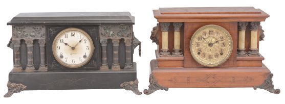 Clocks- 4 (Four): (1) Wm. L. Gilbert, "Palisade" mantel clock, 8 day, time and strike, spring driven movement in a black enameled case, c1904; (2) Unmarked, but Sessions black mantle clock, 8 day, time and strike, spring driven movement in a black wood case, c1920; (3) Sessions Clock Co., "Baldwin" mantel clock, 8 day, time and strike, spring driven movement in black enameled case, c1923 (4) Seth Thomas Clock Co., mantel clock, 8 day, time and strike, spring driven movement in an Adamantine case, c1910.