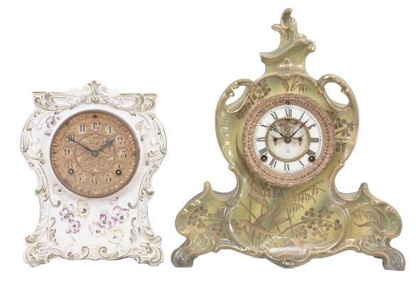 Clocks- 2 (Two) Ansonia Clock Co., New York, 8 day, time and strike, spring driven movements: (1) "Chicopee" with a white porcelain case, c1901; (2) "La Vendee" with visible escapement in a green Royal Bonn case, c1904.