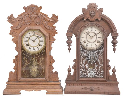 Clocks- 3 (Three): (1) Waterbury Clock Co., "Kingsland" clock, 8 day, time and strike, spring driven movement in an oak case, c1906; (2) George B. Owen, Winsted, Conn., mantel clock, 8 day, time and strike, spring driven movement in a walnut case, c1885; (3) Seth Thomas Clock Co., "New York" collage series clock, 8 day, time and strike with alarm in an oak case, c1909. Lot also includes two mantel clock backboards with paper labels and mounted movements, one 8 day and on 20 hour, by E.N. Welch and Welch Spring & Co.