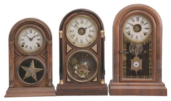 Clocks- 3 (Three): (1) Atkins Clock Co., Bristol, Conn., "Round Top" shelf clock, 8 day, time and strike movement in a rosewood veneered case, c1875; (2) Seth Thomas Clock Co., Thomaston, Conn., "Chicago", 8 day, time and strike with alarm in a rosewood veneered case, c1874; (3) E.N. Welch, "Round Gothic, V.P.", 8 day, time and strike with alarm in a mahogany veneered case, c1885.