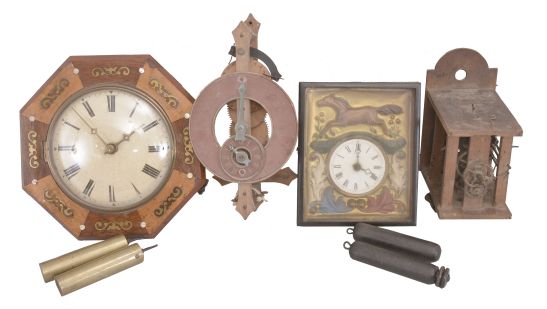 Clocks- 6 (Six) European wall: (1) Carl Mazek, Hannover, Germany; R/A wall clock, 8 day, time and strike, spring driven movement; (2) Gustav Becker, Freiberg, Germany, Vienna regulator, 8 day, time and strike, weight driven movement, c1920; (3) Germany, wag on the wall, 30 hour, weight driven wood plate movement with a wood dial and octagonal bezel; (4) Germany, wag on the wall, 30 hour, weight driven movement with an embossed brass dial surround; (5) Germany, wag on the wall movement, 30 hour, weight driven with wood plates; (6) Buamann LTD, Switzerland, wooden works novelty wall clock, weight driven movement with interesting pin wheel escapement.