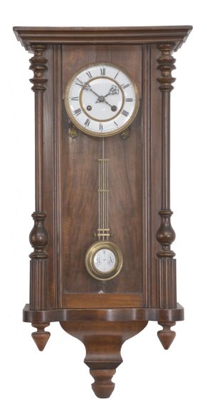 Clocks- 6 (Six) European wall: (1) Carl Mazek, Hannover, Germany; R/A wall clock, 8 day, time and strike, spring driven movement; (2) Gustav Becker, Freiberg, Germany, Vienna regulator, 8 day, time and strike, weight driven movement, c1920; (3) Germany, wag on the wall, 30 hour, weight driven wood plate movement with a wood dial and octagonal bezel; (4) Germany, wag on the wall, 30 hour, weight driven movement with an embossed brass dial surround; (5) Germany, wag on the wall movement, 30 hour, weight driven with wood plates; (6) Buamann LTD, Switzerland, wooden works novelty wall clock, weight driven movement with interesting pin wheel escapement.