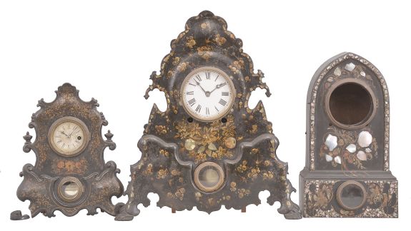 Clocks- 3 (Three) Iron front: (1) Unknown, possibly American Clock., New York, shelf clock, 8 day, time and strike, spring driven movement in an iron front case with mother of pearl inlay, c1850; (2) American Clock Co.., New York, shelf clock, 30 day, time only, spring driven movement in a painted iron front case, c1850; (3) Ansonia Clock Co., New York, iron front shelf clock case with mother of pearl inlay, c1850.