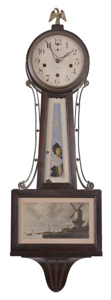 Clocks- 2 (Two): (1) Seth Thomas Clock Co., Thomaston, Conn., Plymouth "Banjo No. 5" wall clock, 8 day, time and strike, spring driven movement in a walnut case, c1929; (2) New Haven Clock Co., New Haven, Conn.," Whitney" wall clock, 8 day, time and strike with Westminster chime, in a walnut case, c1932.