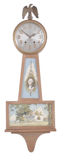 Clocks- 2 (Two): (1) Seth Thomas Clock Co., Thomaston, Conn., Plymouth "Banjo No. 5" wall clock, 8 day, time and strike, spring driven movement in a walnut case, c1929; (2) New Haven Clock Co., New Haven, Conn.," Whitney" wall clock, 8 day, time and strike with Westminster chime, in a walnut case, c1932.