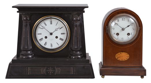 Clocks- 2 (Two): (1) Vincenti & Cie., Paris, mantel clock, 8 day, time and strike, spring driven pendule de Paris movement in a black slate case with Egyptian-style columns, c1880; (2) France, round top mantel clock, 8 day, time and strike, spring driven pendule de Paris movement in a walnut case with inlay, c1910.