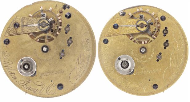 Pocket watch movements- 2 (Two): both Waltham, the first a model 1862 "Appleton, Tracy & Co.", 20 size, 15 jewel, key wind and set, gilt full plate movement, roman numeral white enamel dial, blued steel spade hands, serial #175624, the other a model 1860 "Appleton, Tracy & Co.", 16 size, 15 jewel, key wind and set, gilt full plate movement, roman numeral white enamel dial, serial #330373