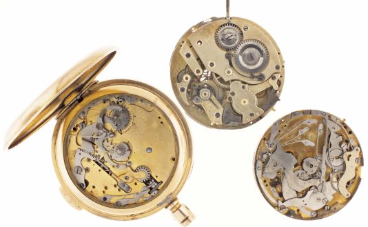 Pocket watch movements- 3 (Three): all quarter repeaters, one with gold filled hunting case, one movement with simple date mechanism