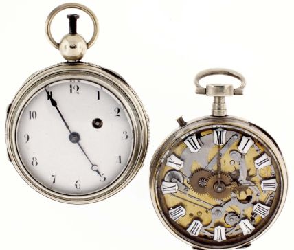 Pocket watches- 2 (Two): Both 19th century, Continental, nickel cased quarter repeaters, the first having a skeletonized dial with Roman numeral white enamel cartouches, and displaying the cadrature, gilt full plate movement with verge escapement, the other with Arabic numeral white enamel dial and gilt full plate movement
