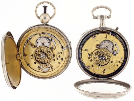 Pocket watches- 2 (Two): Both 19th century, Continental, nickel cased quarter repeaters, the first having a skeletonized dial with Roman numeral white enamel cartouches, and displaying the cadrature, gilt full plate movement with verge escapement, the other with Arabic numeral white enamel dial and gilt full plate movement