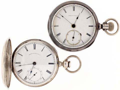 Pocket watches- 2 (Two): Both 18 size Waltham, the first a "P.S.Bartlett", 11 jewel, key wind and set gilt movement, Roman numeral white enamel dial, coin silver hunting case, serial #179158, the other an "Appleton, Tracy & Co.", 15 jewel key wind and set gilt movement, later converted to pendant wind and lever set, Roman numeral white enamel dial, coin silver open face case, serial #58059