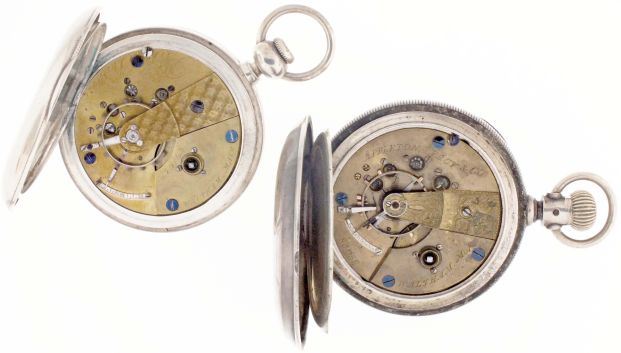 Pocket watches- 2 (Two): Both 18 size Waltham, the first a "P.S.Bartlett", 11 jewel, key wind and set gilt movement, Roman numeral white enamel dial, coin silver hunting case, serial #179158, the other an "Appleton, Tracy & Co.", 15 jewel key wind and set gilt movement, later converted to pendant wind and lever set, Roman numeral white enamel dial, coin silver open face case, serial #58059