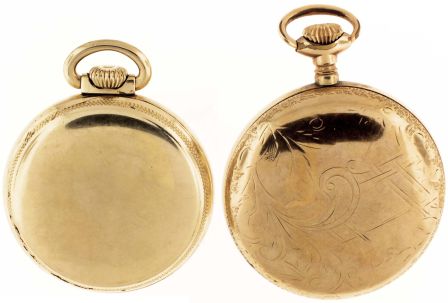 Pocket watches- 2 (Two): The first an 18 size Elgin "B.W. Raymond" with wind indicator, 19 jewel nickel movement, Montgomery Arabic numeral white enamel dial, gold filled open face case, serial #14814631, the other a 16 size Waltham "Vanguard" with wind indicator, 23 jewel nickel movement, Arabic numeral metal dial, gold filled open face case, serial #23170609