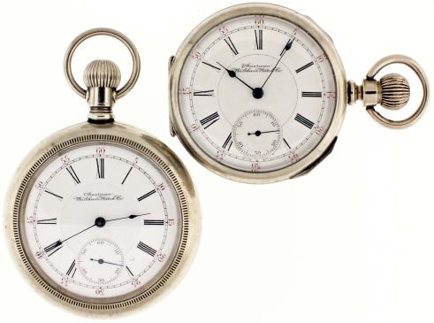 Pocket watches- 2 (Two): Both 18 size Waltham model 1892 "Vanguard", the first with pendant wind and set 17 jewel nickel movement, roman numeral white enamel dial, silverode open face case, serial #6027237, the other a pendant wind, lever set, 17 jewel nickel movement for hunting case, roman numeral white enamel dial, nickel display case, serial #6026386