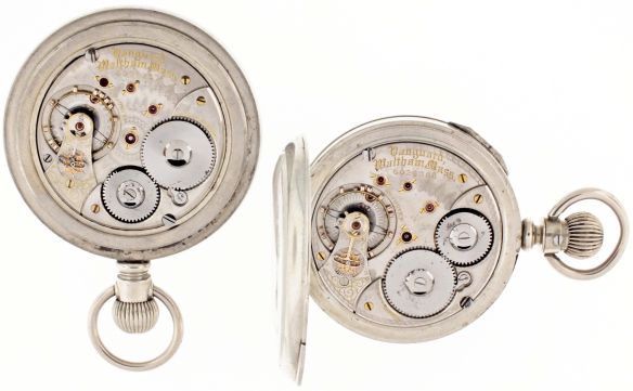 Pocket watches- 2 (Two): Both 18 size Waltham model 1892 "Vanguard", the first with pendant wind and set 17 jewel nickel movement, roman numeral white enamel dial, silverode open face case, serial #6027237, the other a pendant wind, lever set, 17 jewel nickel movement for hunting case, roman numeral white enamel dial, nickel display case, serial #6026386