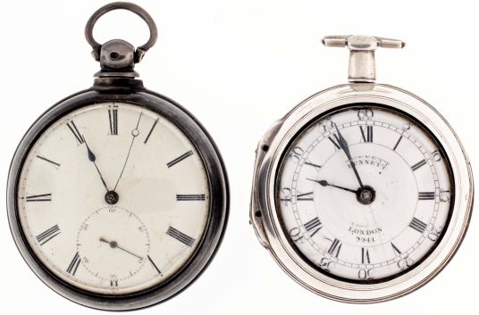 Pocket watches- 2 (Two): Both English, the first by Wm. Bunnet, London, gilt, full plate fusee movement with pierced balance cock and regulator plate, verge escapement, Tompion regulator, and decorative steelwork, Roman numeral white enamel dial, sterling silver pair case with London hallmark and date letter for the year 1772, serial #9941, the other signed "R. Davison Liverpool", gilt full plate fusee movement with lever escapement, Roman numeral white enamel dial, sterling silver pair case with Birmingham hallmark and date letter for the year 1850, serial #5361