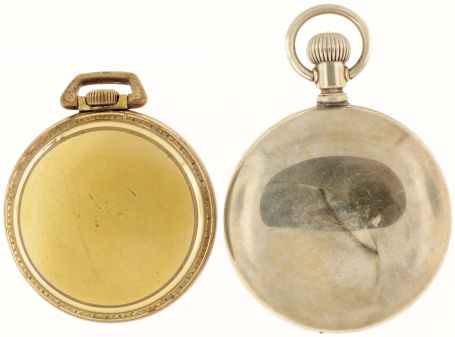Pocket watches- 2 (Two): Both 18 size Illinois "Bunn Special", the first with damascened nickel movement marked "23 Ruby Jewels", Gothic Arabic numeral white enamel dial, silverode open face case, serial #2396486, the other with damascened nickel movement marked "21 Ruby Jewels", Arabic numeral metal dial, gold filled open face case, serial #1580165