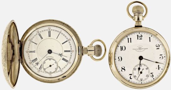 Pocket watches- 2 (Two): Both 18 size, the first a Ball- Hamilton "999A", 21 jewel sunburst damascened nickel movement, Arabic numeral white enamel dial, gold filled open face case, serial #462412, the other a Columbus "Time King", 21 jewel two tone damascened nickel movement, Roman numeral white enamel dial, gold filled hunting case, serial #351650