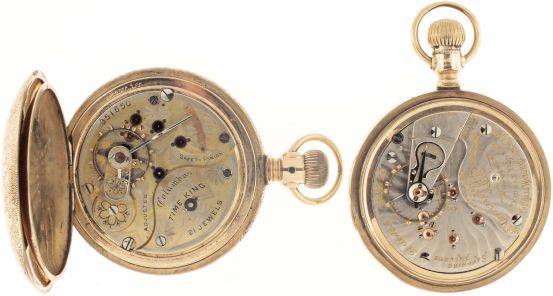 Pocket watches- 2 (Two): Both 18 size, the first a Ball- Hamilton "999A", 21 jewel sunburst damascened nickel movement, Arabic numeral white enamel dial, gold filled open face case, serial #462412, the other a Columbus "Time King", 21 jewel two tone damascened nickel movement, Roman numeral white enamel dial, gold filled hunting case, serial #351650