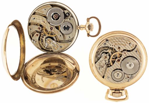 Pocket watches- 2 (Two): Both 16 size Hamilton, the first a "952", 19 jewel nickel movement, Arabic numeral white enamel dial, gold filled swingout case, serial #840055, the other a "992", 21 jewel nickel movement, Arabic numeral white enamel dial, gold filled open face case, serial #2387269