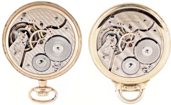 Pocket watches- 2 (Two): Both 16 size Hamilton, the first a "992E", 21 jewel nickel movement, Arabic numeral white enamel dial, gold filled open face bar over crown case, serial #2633619, the other a "992", 21 jewel nickel movement, Arabic numeral white enamel dial, gold filled open face case, serial #1296441