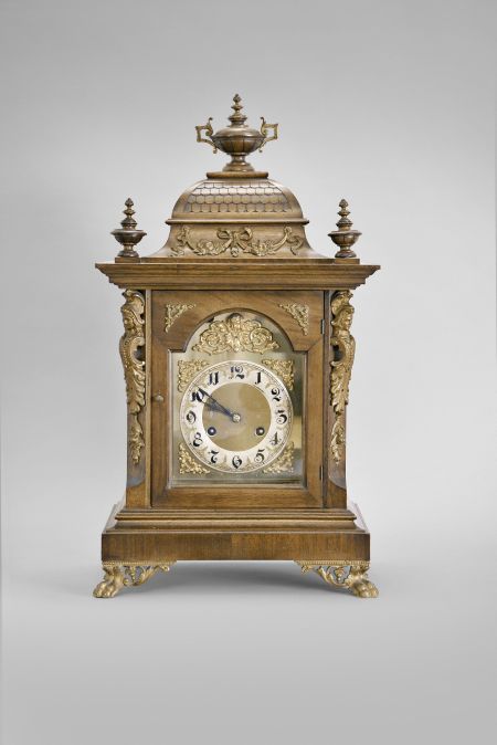 Germany, Junghans, 8 day, time and strike spring brass movement mantel clock with separate Westminster chime train.