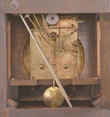 Germany, Junghans, 8 day, time and strike spring brass movement mantel clock with separate Westminster chime train.