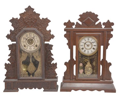 Clocks- 4 (Four): (1) Wm. L. Gilbert, Winsted, Conn., "Capitol No. 44" mantel clock, 8 day, time and strike with alarm in an oak case, c1904; (2) New Haven Clock Co., "Nancy" mantel clock, 8 day, time and strike with alarm in a walnut case, c1895; (3) Wm. L. Gilbert, Winsted, Conn., "The Joyce" mantel clock, 8 day, time and strike with alarm in an oak case, c1900; (4) New Haven Clock Co., "No. 508" mantel clock, 8 day, time and strike in a walnut case, c1890;