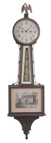 Clocks- 3 (Three): (1) New Haven Clock Co., New Haven, Conn., "Willard" banjo clock, 30 day, time and strike, spring driven movement in a mahogany case, c1911; (2) Ansonia Clock Co., New York, "Modern" mirror clock, 8 day, time only, spring driven movement with lever escapement, c1923; (3) Seth Thomas Clock Co., Thomaston, Conn., "10 Inch Drop Octagon", 8 day, time only, spring driven movement in a oak case, c1917.