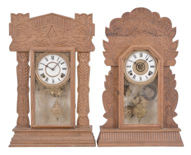 Clocks- 4 (Four) Gingerbread, 8 day, time and strike, spring driven movements in oak cases: (1) E. Ingraham, Bristol, Conn., "Atlantic" mantel clock, time and strike, c1915; (2) Wm. L. Gilbert Clock Co., "Navy No. 26" mantel clock, time and strike with alarm, c1901;(3) Sessions Clock Co., Forestville, Conn., "Grand No.1", time and strike, c1915; (4) Sessions Clock Co., Forestville, Conn., unknown model, time and strike with alarm, c1910.