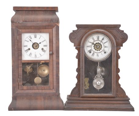 Clocks- 5 (Five) mantel, time and strike with alarm, spring driven movements: (1) Wm. L. Gilbert Clock Co., "Capitol No. 43" mantel, 8 day movement in an oak case, c1904; (2) E. Ingraham, "Cuyuga", 8 day movement in an oak case, c1915; (3) Seth Thomas Clock Co., "Yale", 8 day movement in an oak case, c1909; (4) Waterbury Clock Co., "Suffolk", 8 day movement in a walnut case, 1891; (5) Seth Thomas Clock Co., unknown model, 30 hour in a rosewood veneer case, c1890.