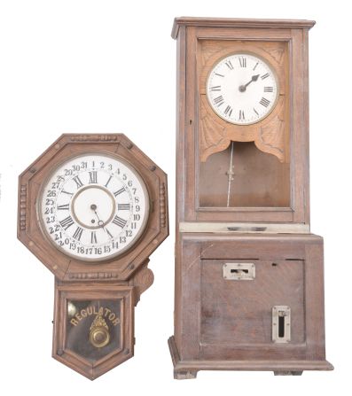 Clocks- 4 (Four) Wall: (1) Sessions Clock Co., "Regulator E", 8 day, time and simple calendar in an oak case with customized pendulum, c1910; (2) New Haven Clock Co. for the American Wringer Co., "Braddock", 8 day, time and simple calendar in an oak case, c1900; (3) Store regulator, time and strike, spring driven clock fitted with a Chauncey Jerome weight driven movement; (4) Wall-mounted time recorder in an oak case, c1930.