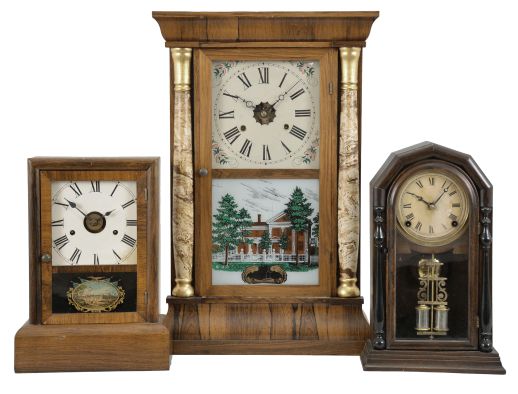 Clocks- 3 (Three): (1) E.N. Welch, Forestville, Conn., "Column" shelf clock, 30 hour, time and strike, weight driven movement in a rosewood veneer case, c1872; (2) Seth Thomas Clock Co., Thomaston, Conn., "Cottage" clock, 30 hour, time and strike with alarm, spring driven movement in a rosewood veneer case, c1880; (3) E. Ingraham, Bristol, Conn., "Baltic, 8 day, time and strike, spring driven movement in a grain painted wood case, c 1880.