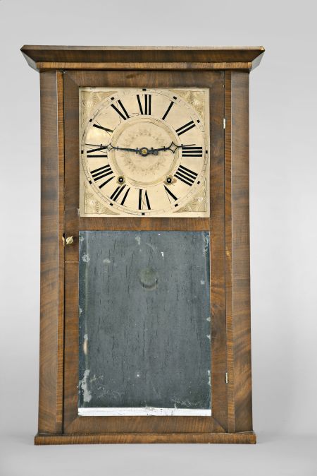 Forbes & Tucker, Concord, New Hampshire, 30 hour, time and strike weight wood movement beveled sides shelf clock.