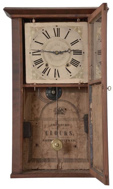 Forbes & Tucker, Concord, New Hampshire, 30 hour, time and strike weight wood movement beveled sides shelf clock.