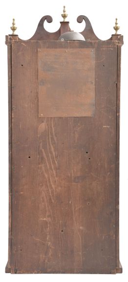 Merriman, Birge & Co., Bristol, Conn., 30 hour, weight wood movement with roller pinions reeded pilaster & scroll top shelf clock.