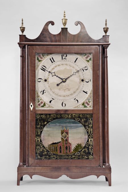Norris North, Torrington, Conn., 30 hour, time and strike weight wood movement pillar & scroll shelf clock.