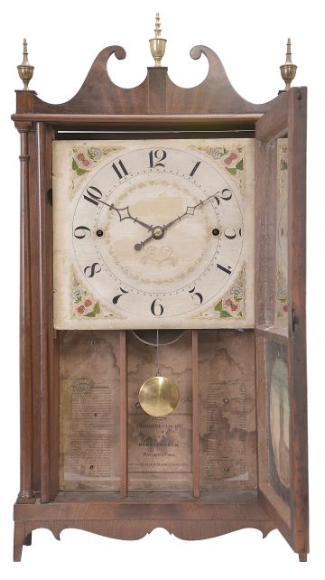 Norris North, Torrington, Conn., 30 hour, time and strike weight wood movement pillar & scroll shelf clock.