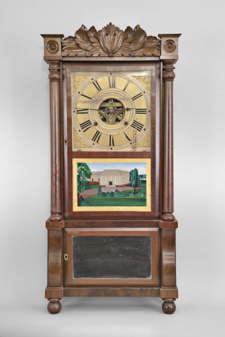 Birge, Mallory & Co., Bristol, Conn., 8 day, time and strike weight brass movement double decker shelf clock with carved splat.