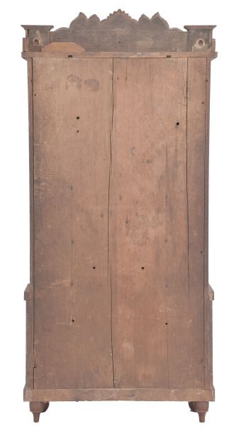 Birge, Mallory & Co., Bristol, Conn., 8 day, time and strike weight brass movement double decker shelf clock with carved splat.