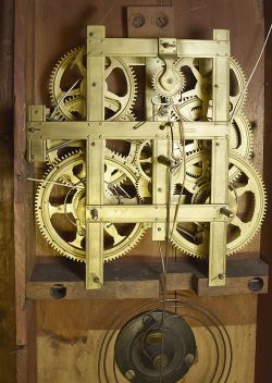 Birge, Mallory & Co., Bristol, Conn., 8 day, time and strike weight brass movement double decker shelf clock with carved splat.