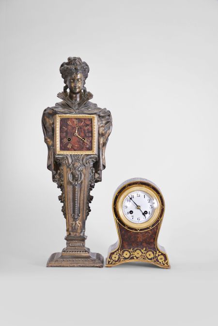 Clocks- 2 (Two): (1) French, Japy Freres, 8 day, time and strike spring brass movement figural clock. c1900 (2) French, 8 day, time and strike spring brass movement inlaid brass and burl walnut marquetry balloon style case. c1900