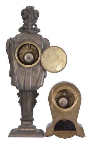 Clocks- 2 (Two): (1) French, Japy Freres, 8 day, time and strike spring brass movement figural clock. c1900 (2) French, 8 day, time and strike spring brass movement inlaid brass and burl walnut marquetry balloon style case. c1900