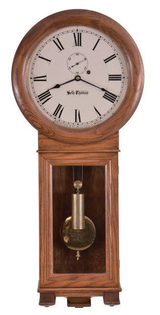 Clocks- 2 (Two): (1) Reproduction of a Seth Thomas, "Regulator No. 2", 8 day, weight brass movement wall timepiece. c1980 (2) Sessions Clock Co., Forestville, Conn. "Regulator "E", 8 day, spring brass movement wall timepiece. c1908