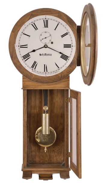 Clocks- 2 (Two): (1) Reproduction of a Seth Thomas, "Regulator No. 2", 8 day, weight brass movement wall timepiece. c1980 (2) Sessions Clock Co., Forestville, Conn. "Regulator "E", 8 day, spring brass movement wall timepiece. c1908