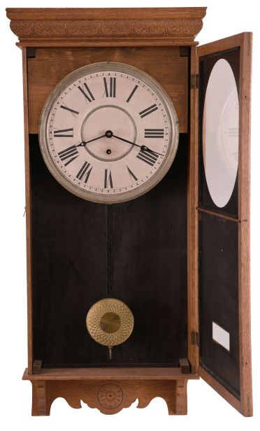 Clocks- 2 (Two): (1) Reproduction of a Seth Thomas, "Regulator No. 2", 8 day, weight brass movement wall timepiece. c1980 (2) Sessions Clock Co., Forestville, Conn. "Regulator "E", 8 day, spring brass movement wall timepiece. c1908