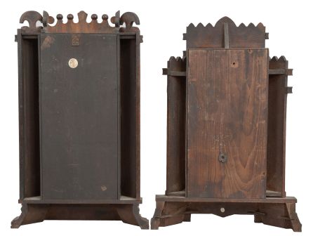 Clocks- 2 (Two): (1) Waterbury Clock Co., Waterbury, Conn., "Granville" mantel clock, 8 day, time and strike, spring driven movement in a walnut case, c1886; (2) Wm. L. Gilbert, Winsted, Conn., "Altai" mantel clock, 8 day, time and strike with alarm, spring driven movement in a walnut case, c1885;